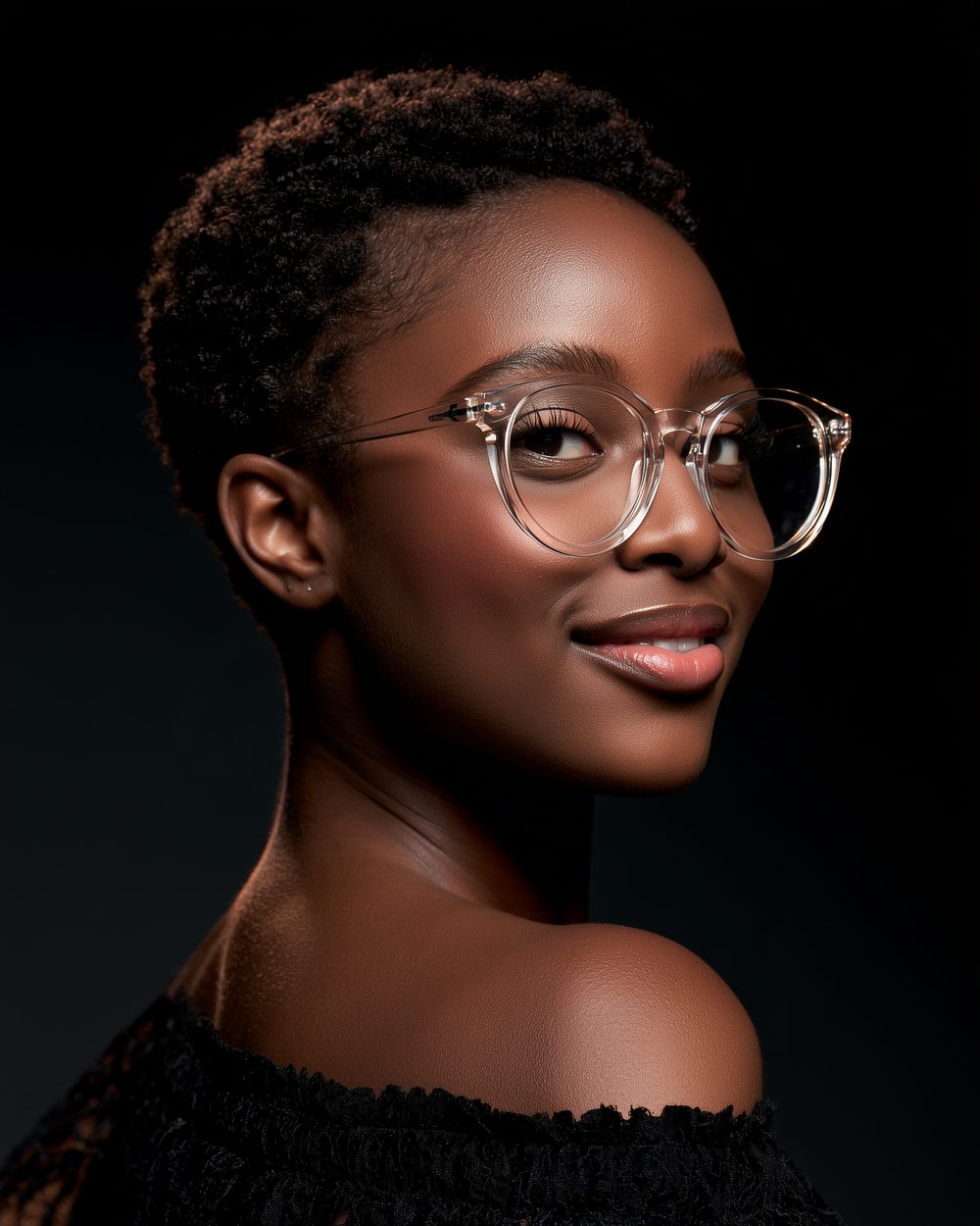 AI-generated face: a woman with short natural hair and clear glasses smiling over her shoulder in a lace top, against a dark backdrop