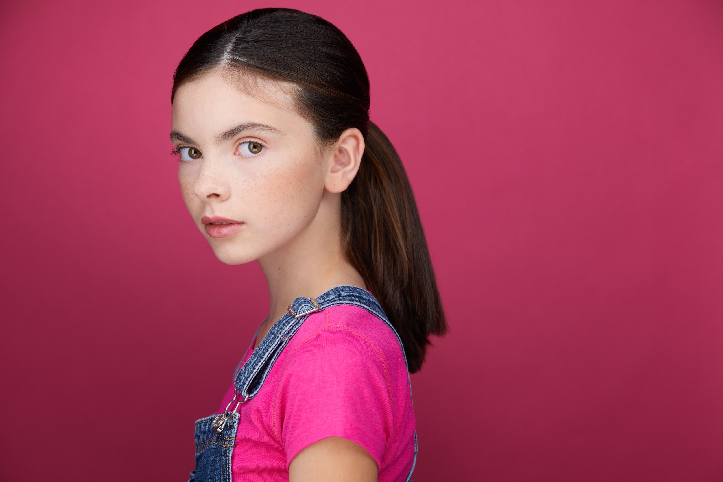 The same session, the pink top and the overalls, turned
