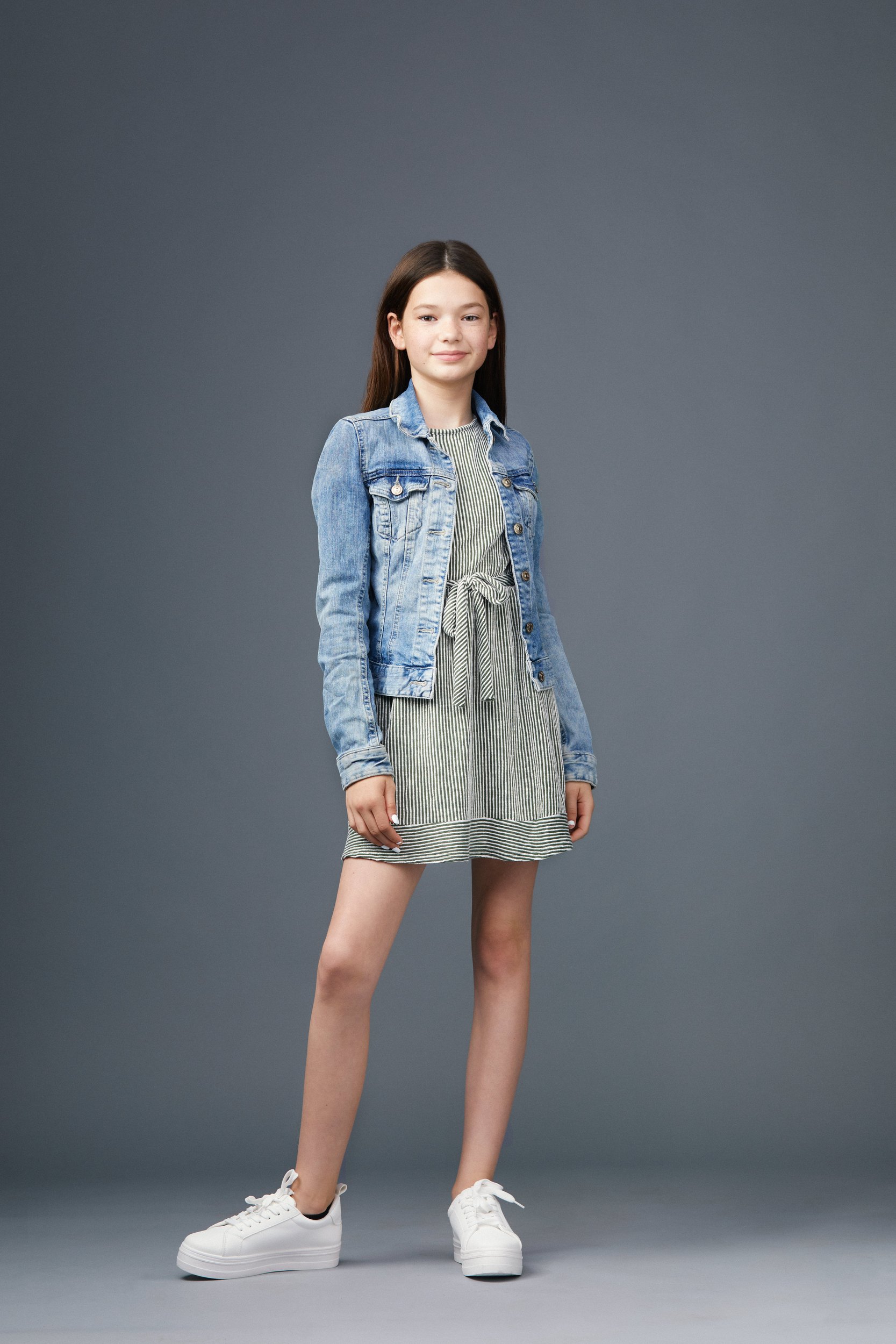 The same session, the denim jacket over a grey dress, head to toe